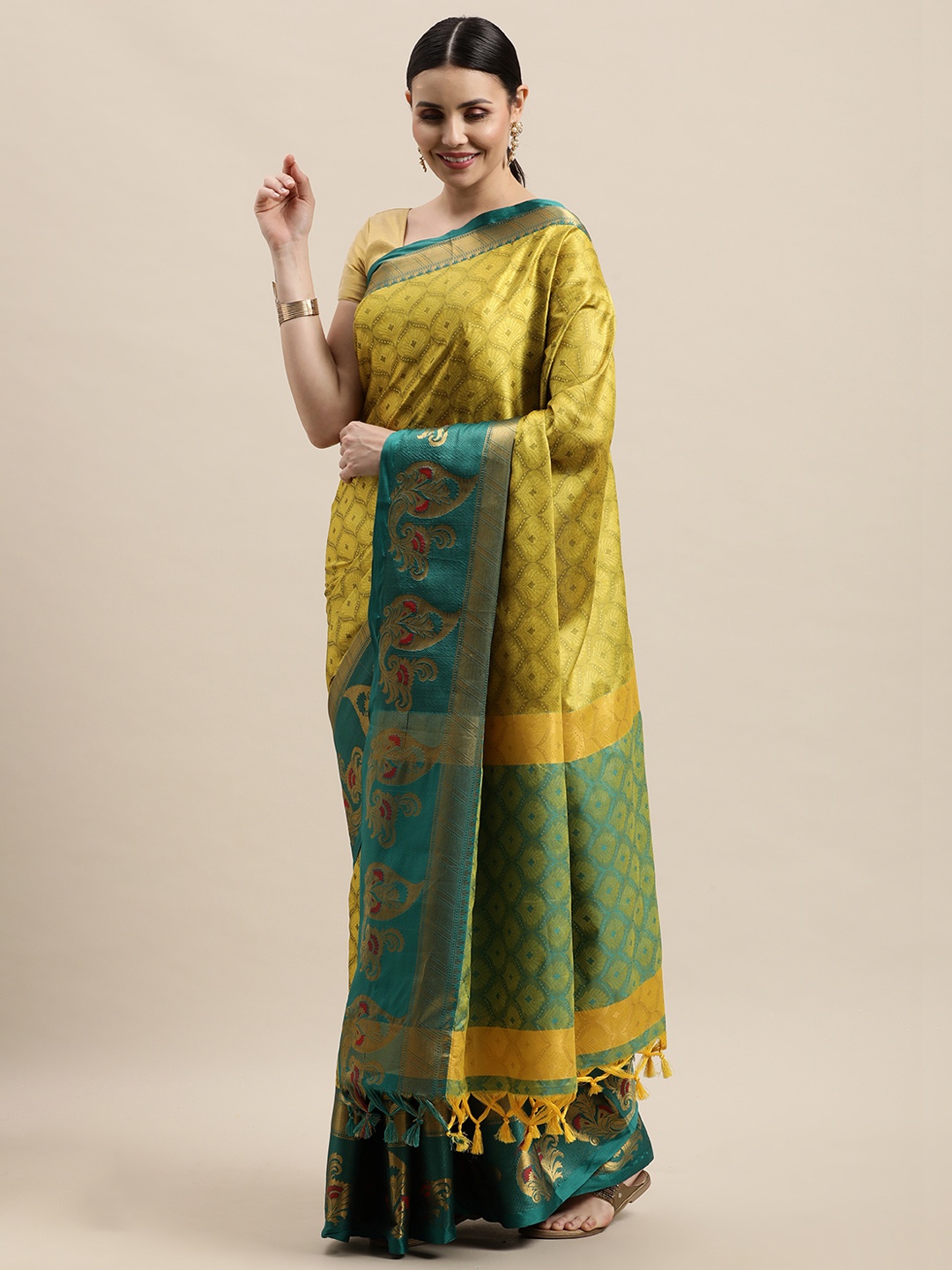 

VASTRAME Lime Green & Golden Ethnic Design Banarasi Saree