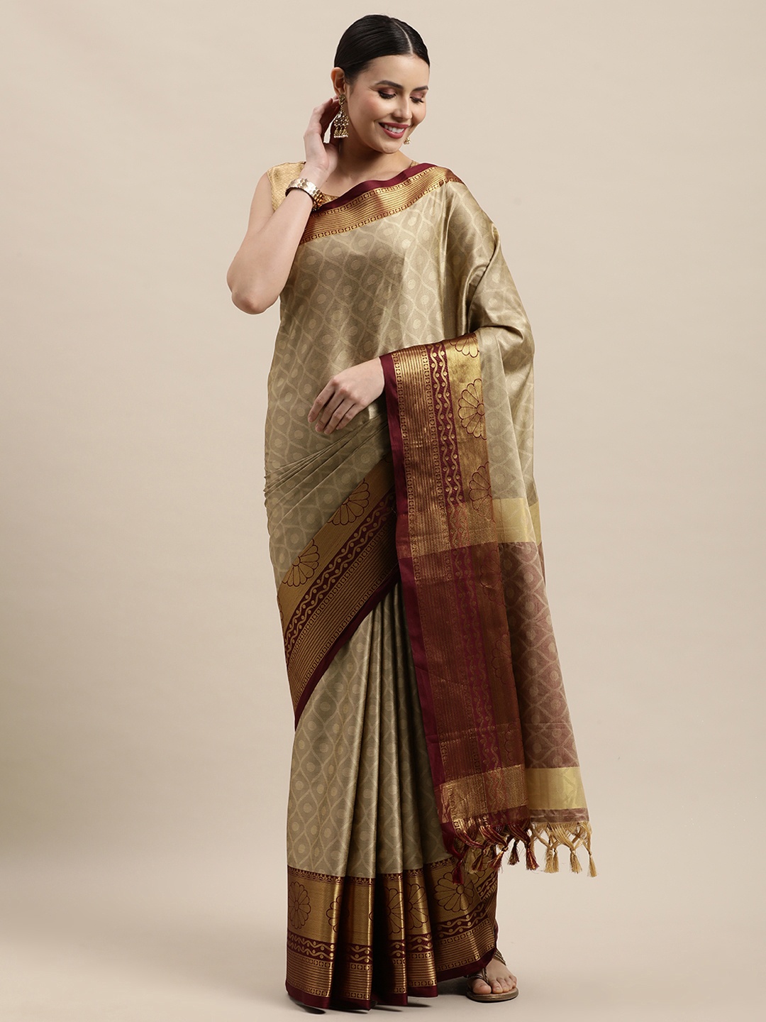 

VASTRAME Taupe & Maroon Ethnic Design Banarasi Saree