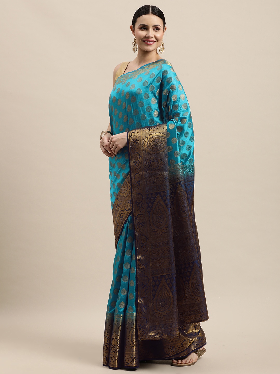

VASTRAME Blue & Golden Ethnic Design Art Silk Kanjeevaram Saree