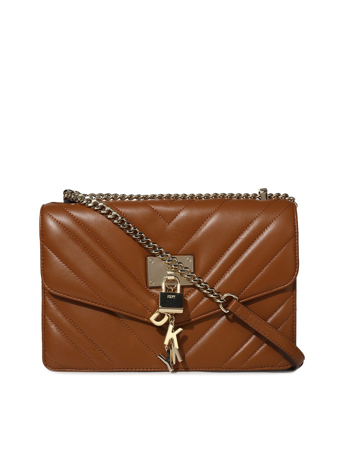 

DKNY Brown Textured Leather Structured Sling Bag with Quilted