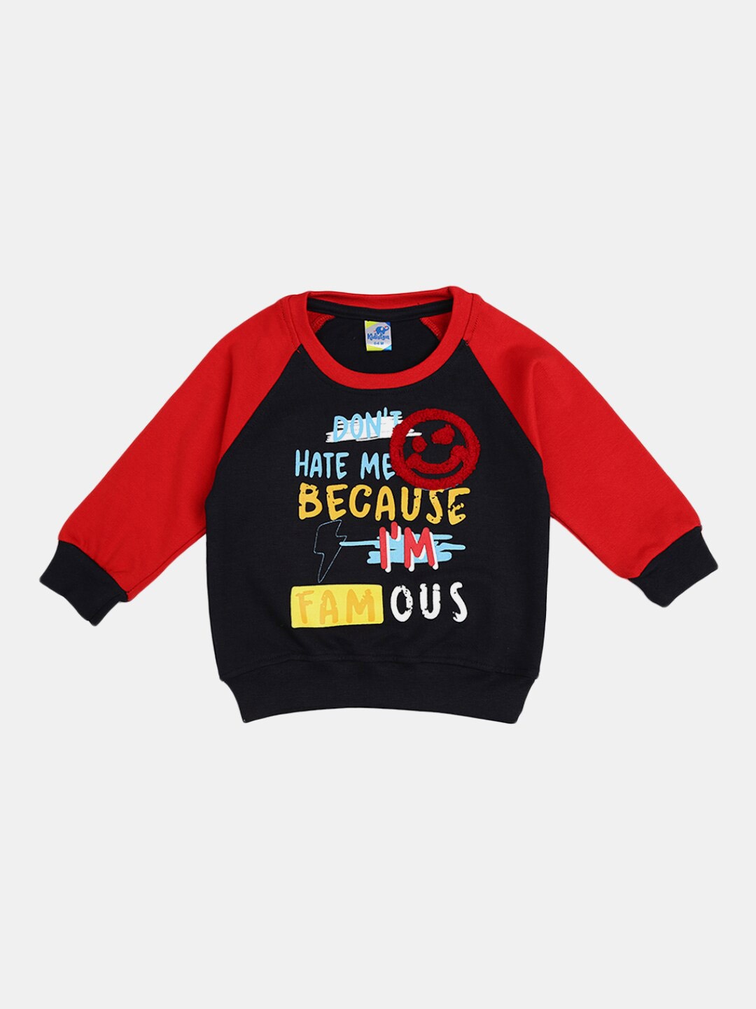 

V-Mart Kids Navy Blue & Red Typography Colourblocked Applique T-shirt