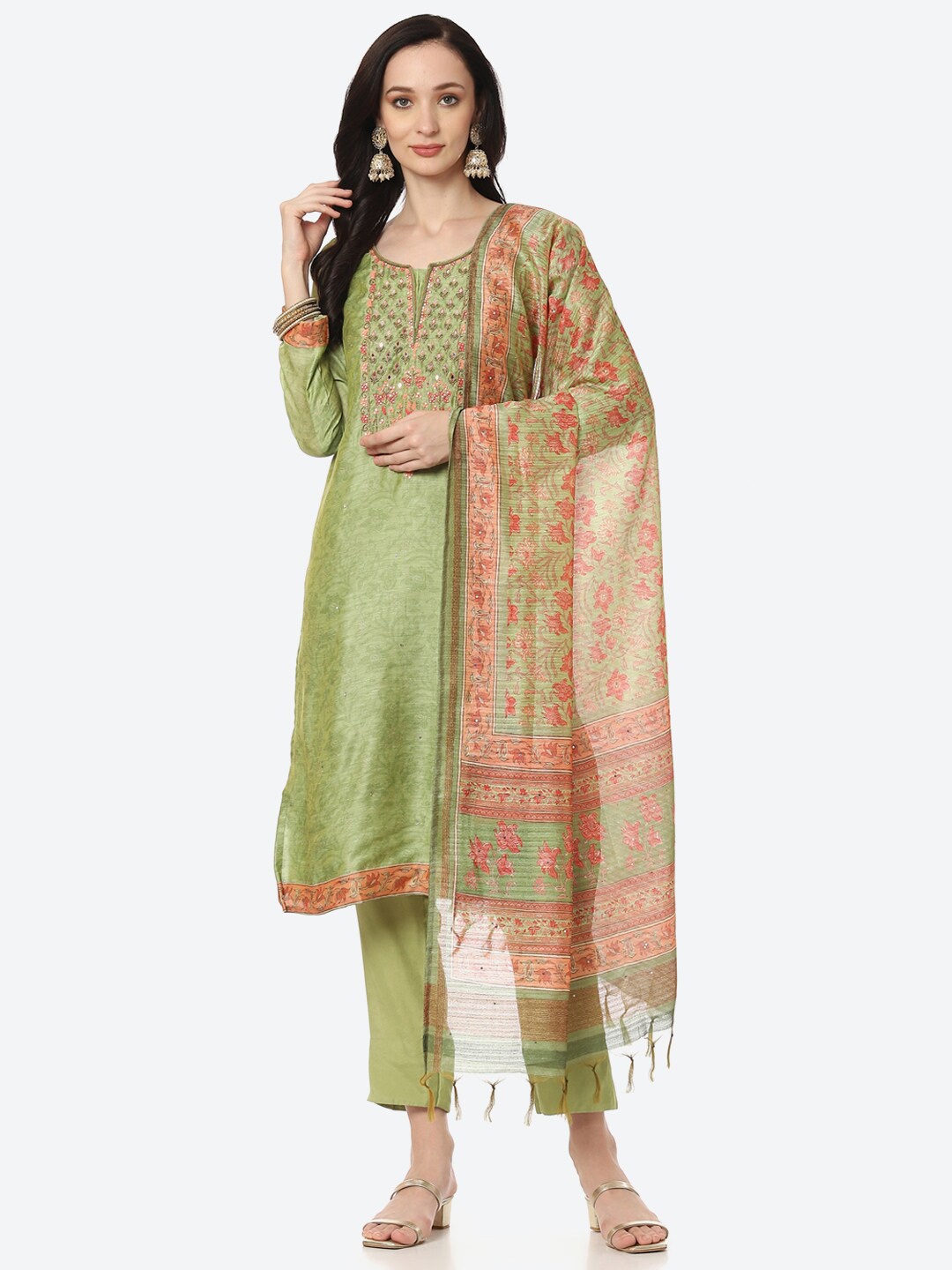 

Biba Women Green & Pink Embroidered Unstitched Dress Material