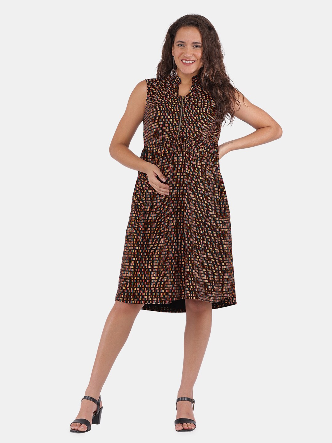 

The Mom Store Women Multicoloured Keyhole Neck Maternity Dress, Brown