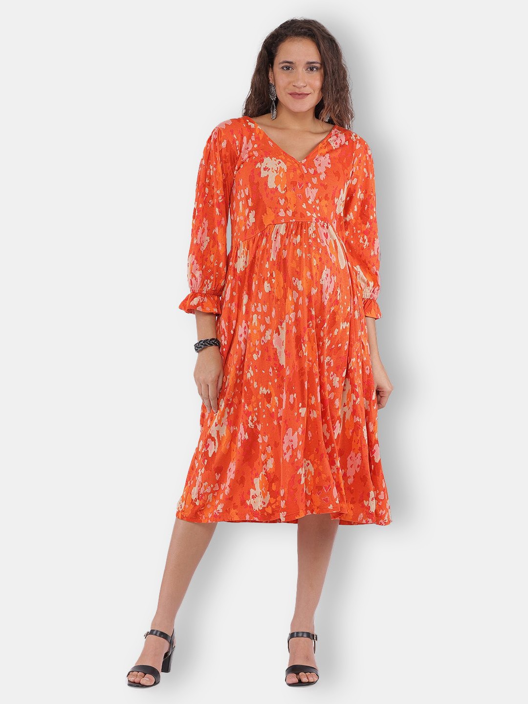 

The Mom Store Women Orange Floral Maternity Midi Dress