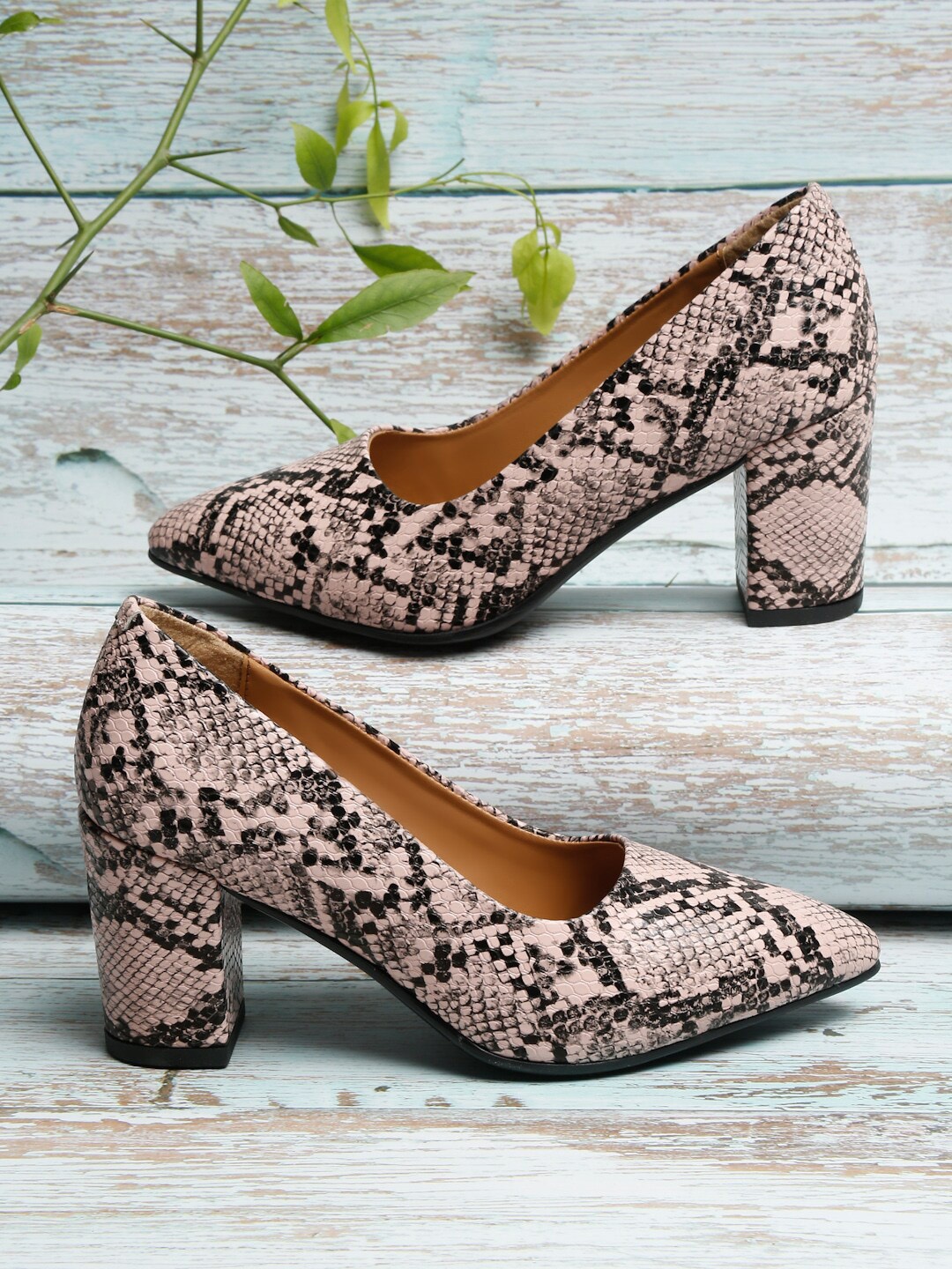 

Bruno Manetti Women Nude-Coloured Printed PU Block Pumps