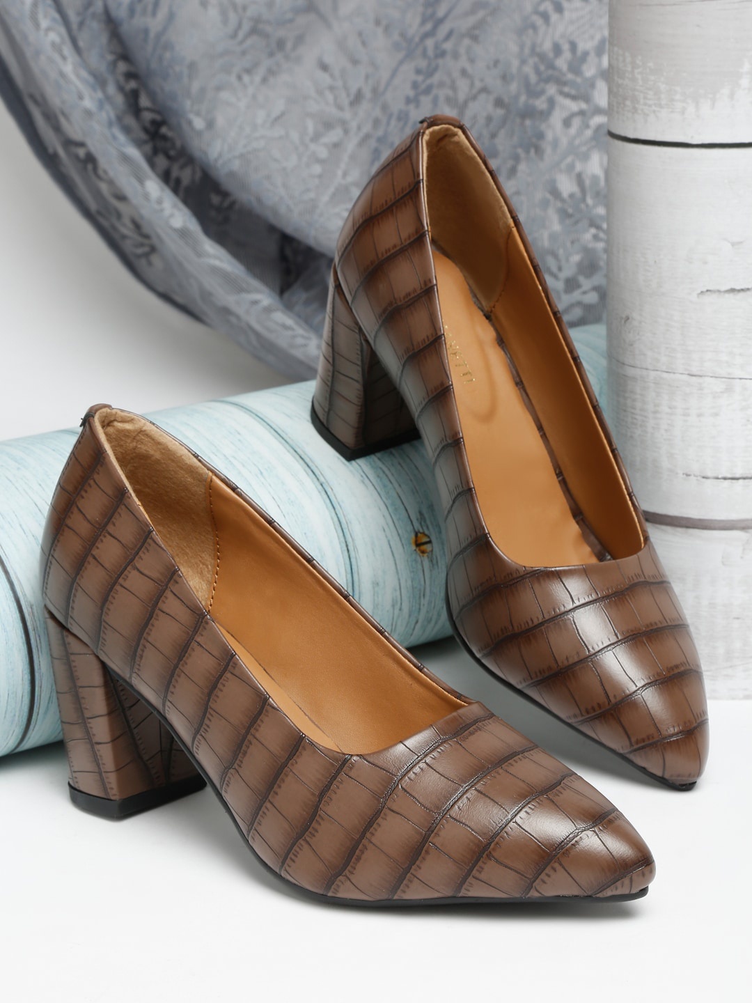 

Bruno Manetti Tan Striped Block Heels