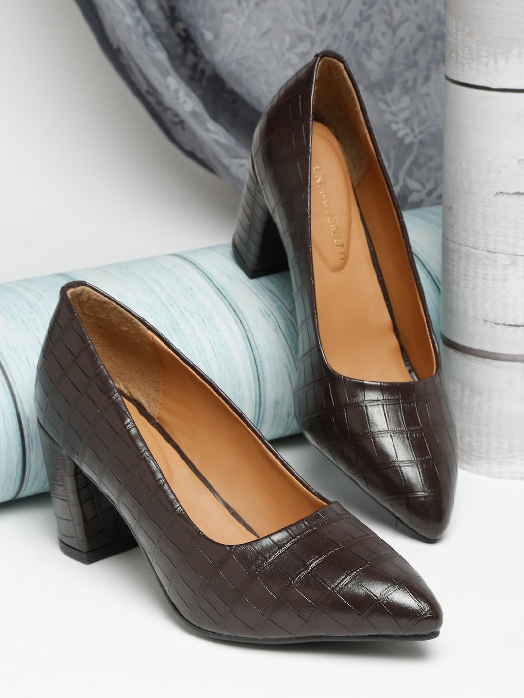 

Bruno Manetti Brown Textured PU Block Pumps