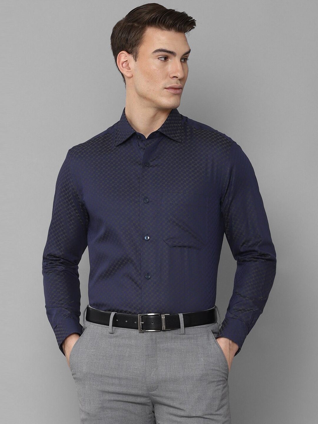 

Louis Philippe Men Navy Blue Micro Checks Printed Formal Shirt