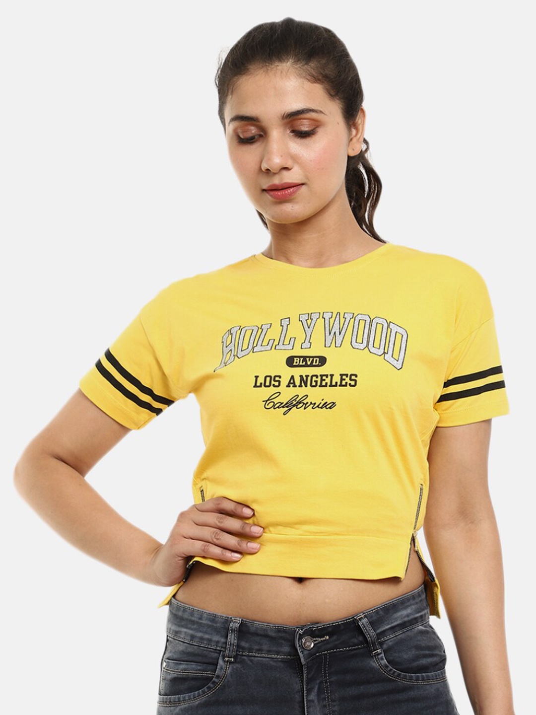 

V-Mart Women Mustard Yellow Printed Loose T-shirt