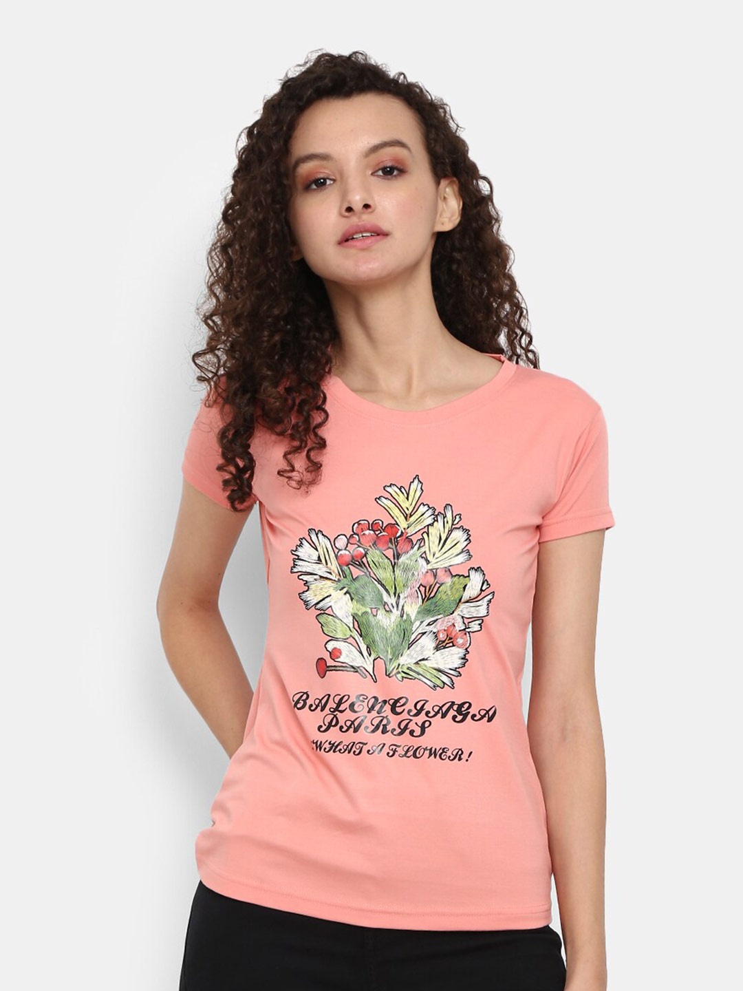 

V-Mart Women Peach-Coloured Printed Cotton Round Neck T-shirt