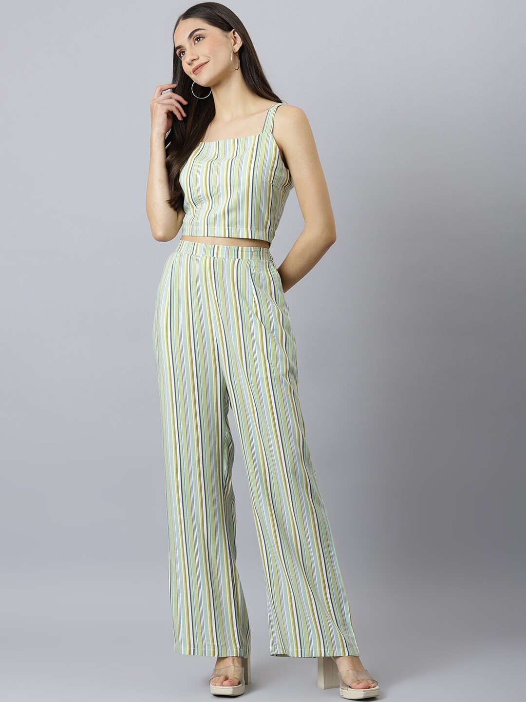 

Lagashi Women Green & White Striped Pure Cotton Top with Palazzos