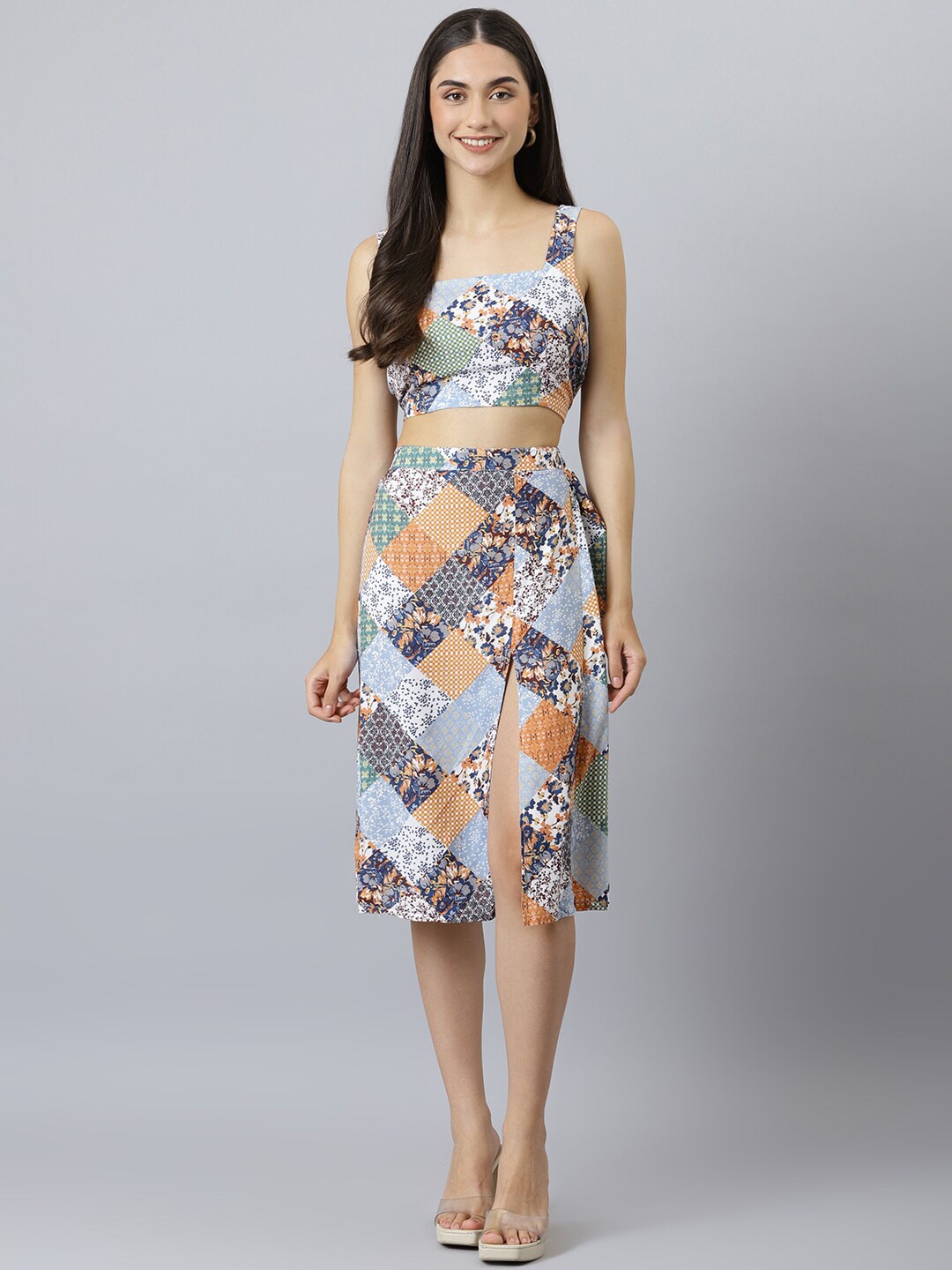 

Lagashi Pure Cotton Printed Crop Top with Skirt, Multi