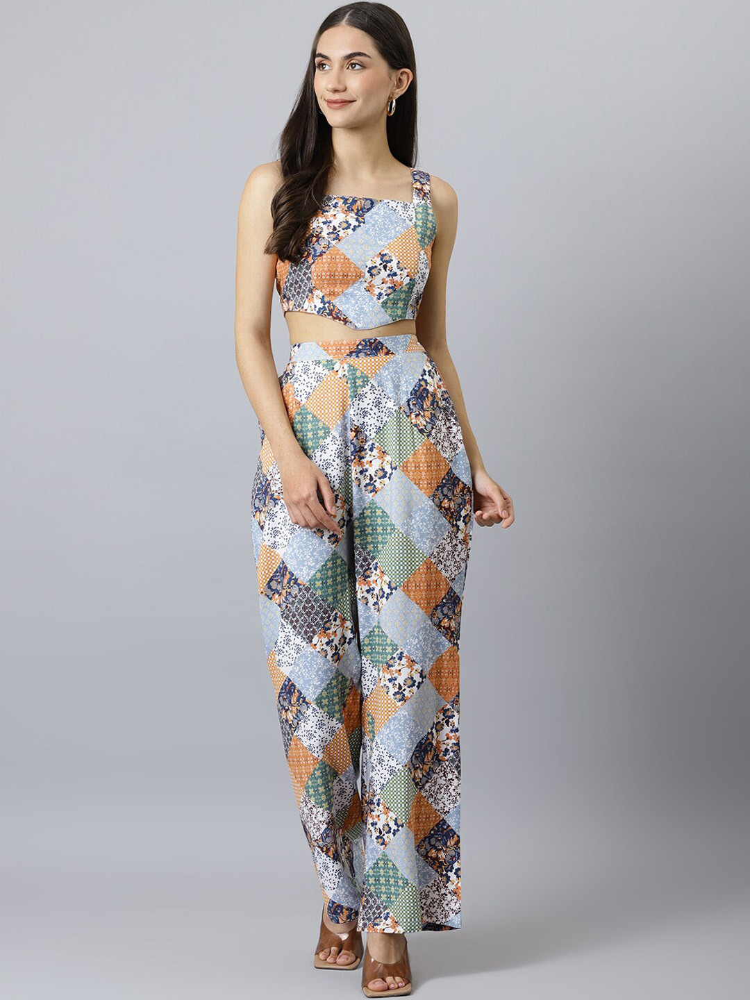 

Lagashi Women Blue & Orange Printed Pure Cotton Top with Palazzos