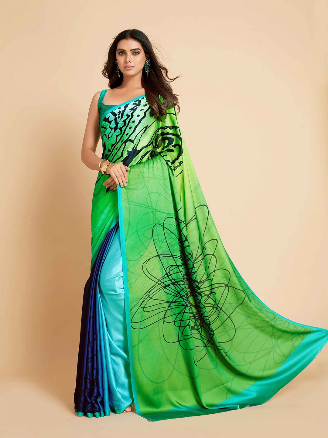 

Sangria Green & Blue Printed Satin Saree
