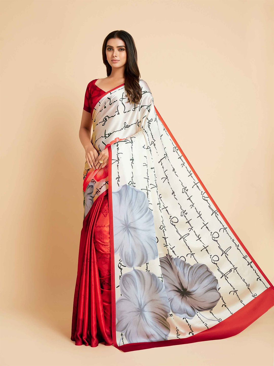 

Sangria Red & Off-White Floral Satin Saree