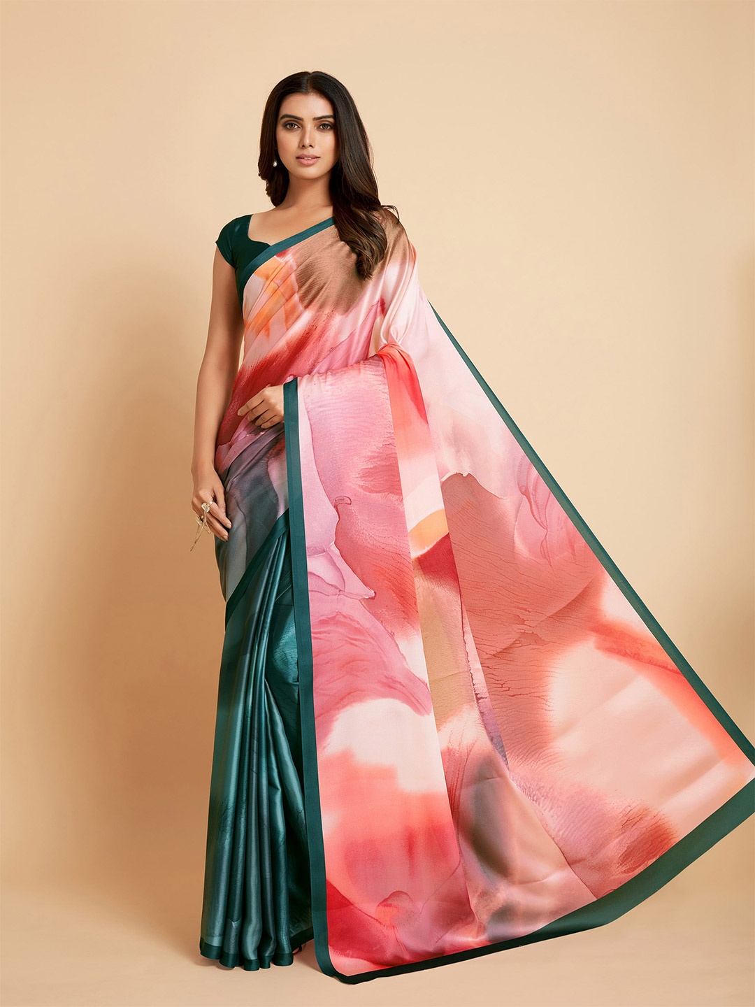 

Sangria Peach-Coloured & Blue Satin Ready to Wear Saree