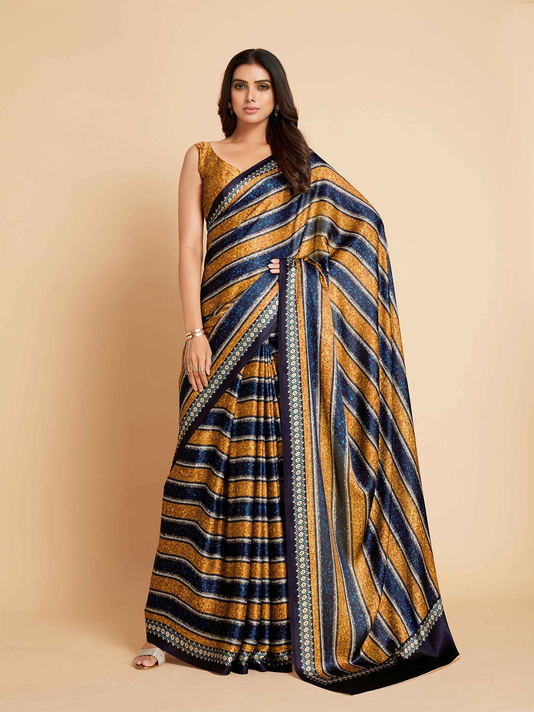 

Sangria Gold-Toned & Blue Striped Satin Ready to Wear Saree