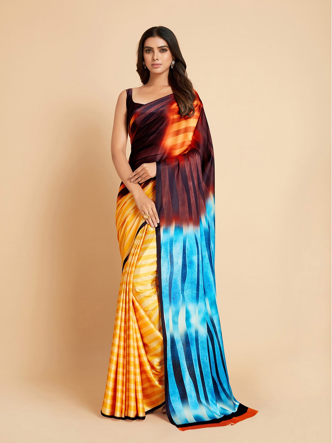 

Sangria Brown & Yellow Printed Satin Saree