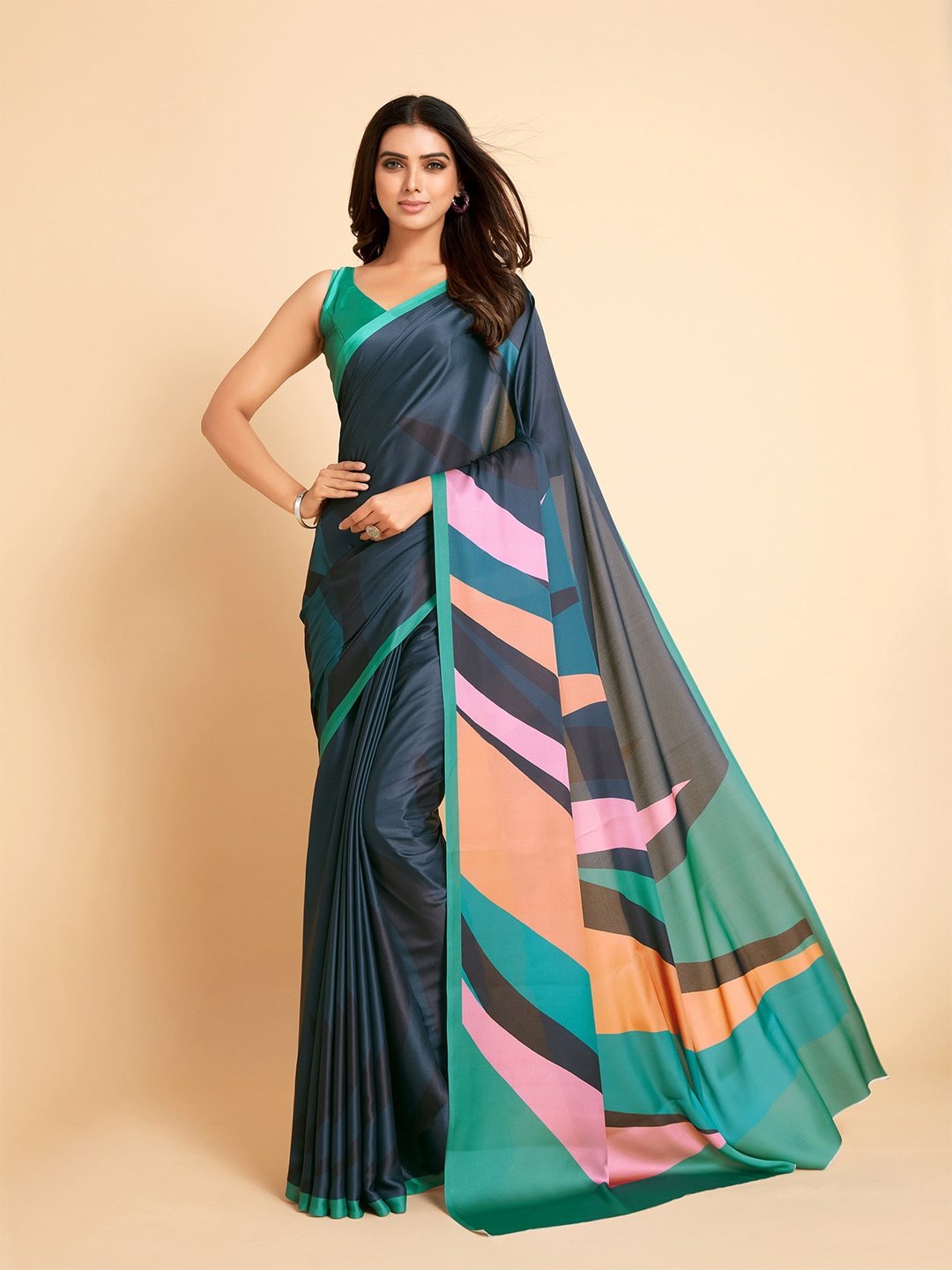 

Sangria Blue & Green Printed Satin Saree