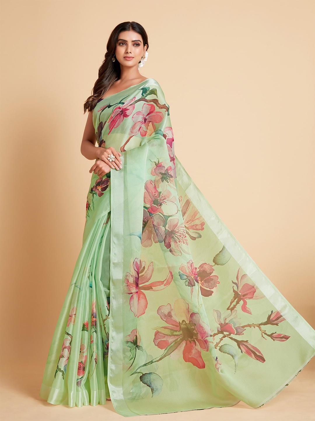 

Sangria Sea Green & Pink Floral Organza Ready to Wear Saree