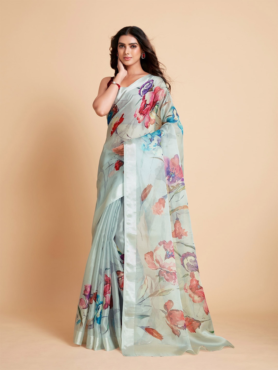 

Sangria Blue & Red Floral Print Organza Saree