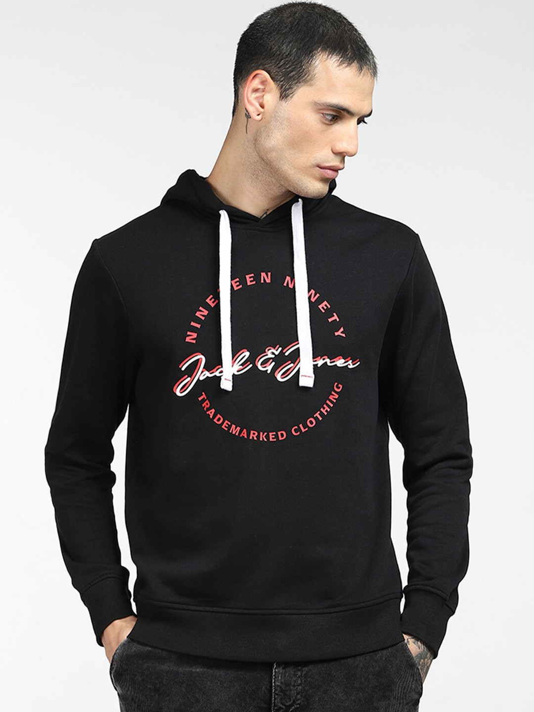 

Jack & Jones Men Black Printed Hooded Sweatshirt