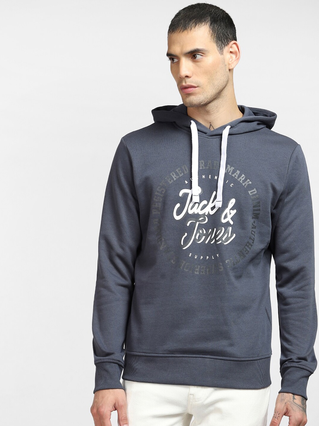 

Jack & Jones Men Grey Printed Hooded Sweatshirt