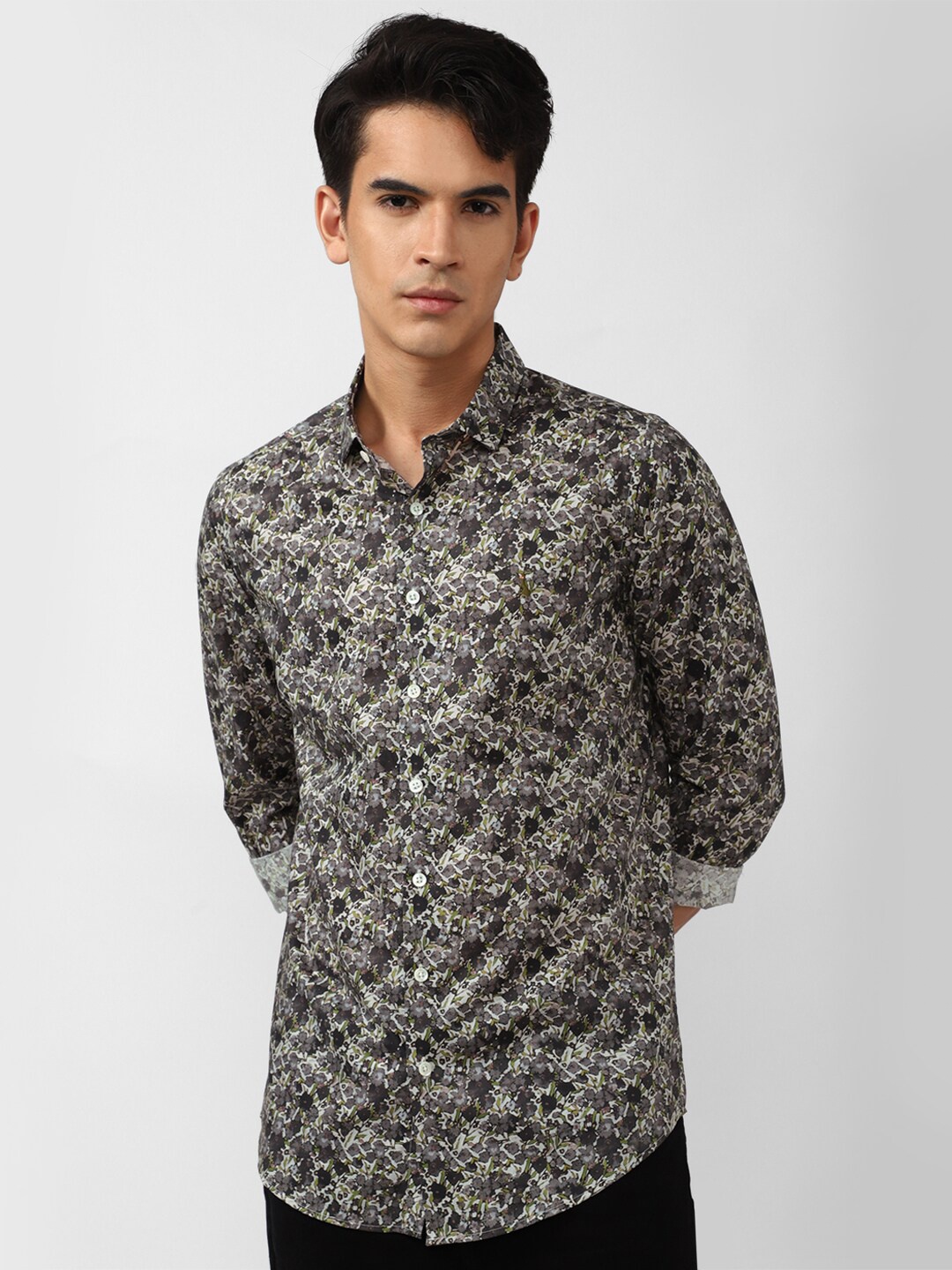 

SIMON CARTER LONDON Men Grey Slim Fit Floral Printed Casual Shirt