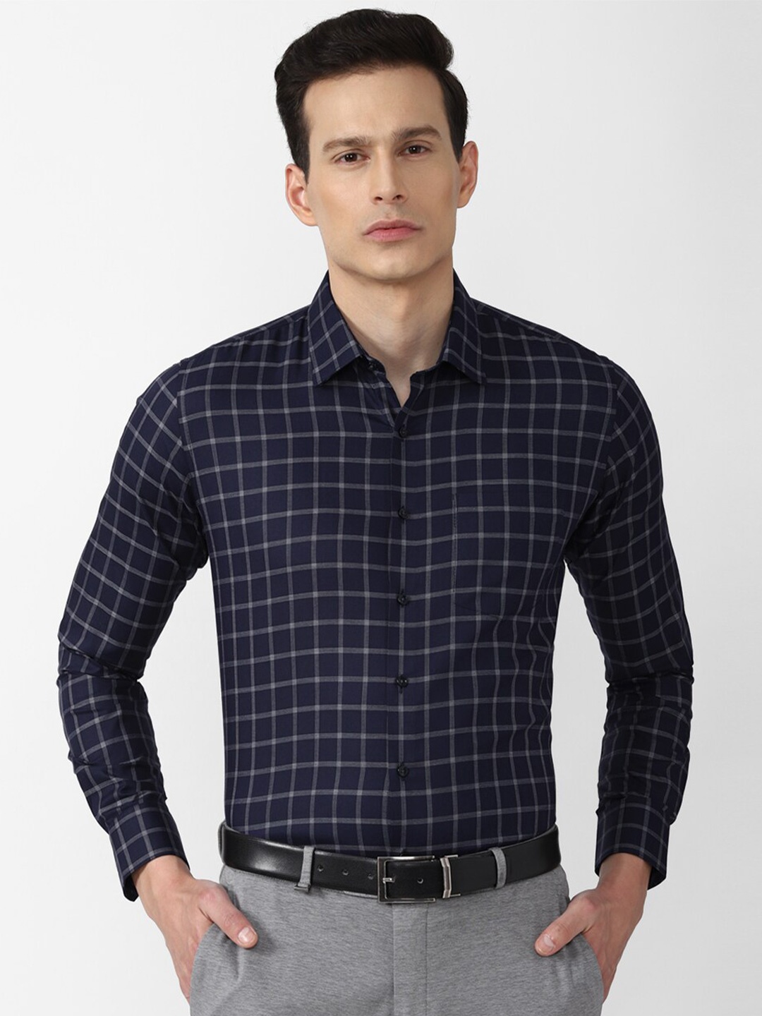 

Van Heusen Men Navy Blue Slim Fit Grid Tattersall Checks Checked Formal Shirt