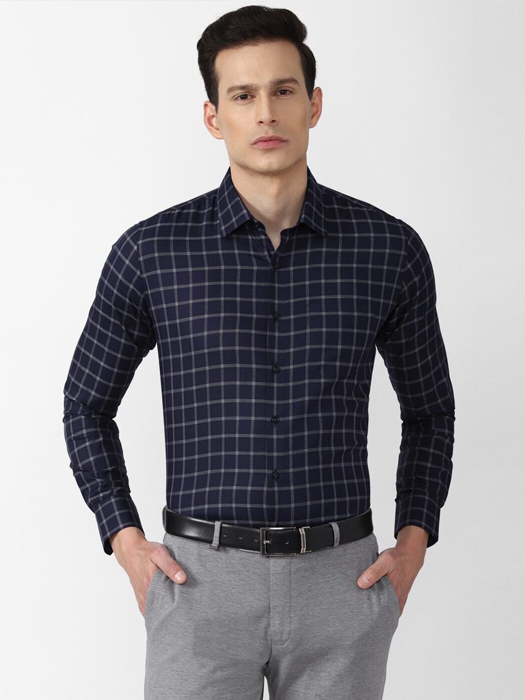 

Van Heusen Men Navy Blue Slim Fit Grid Tattersall Checks Formal Shirt