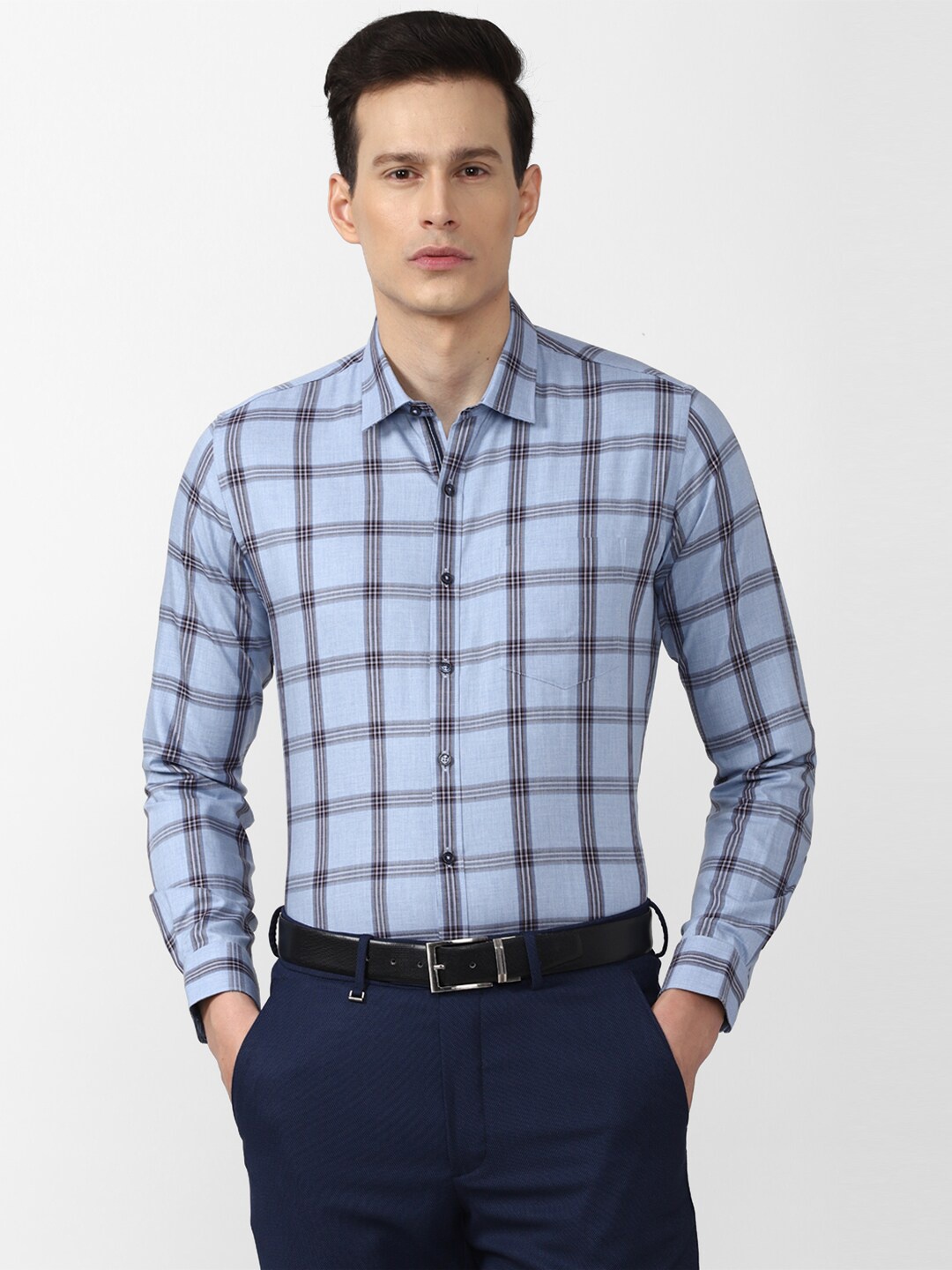 

Van Heusen Men Blue Slim Fit Windowpane Checks Checked Formal Shirt