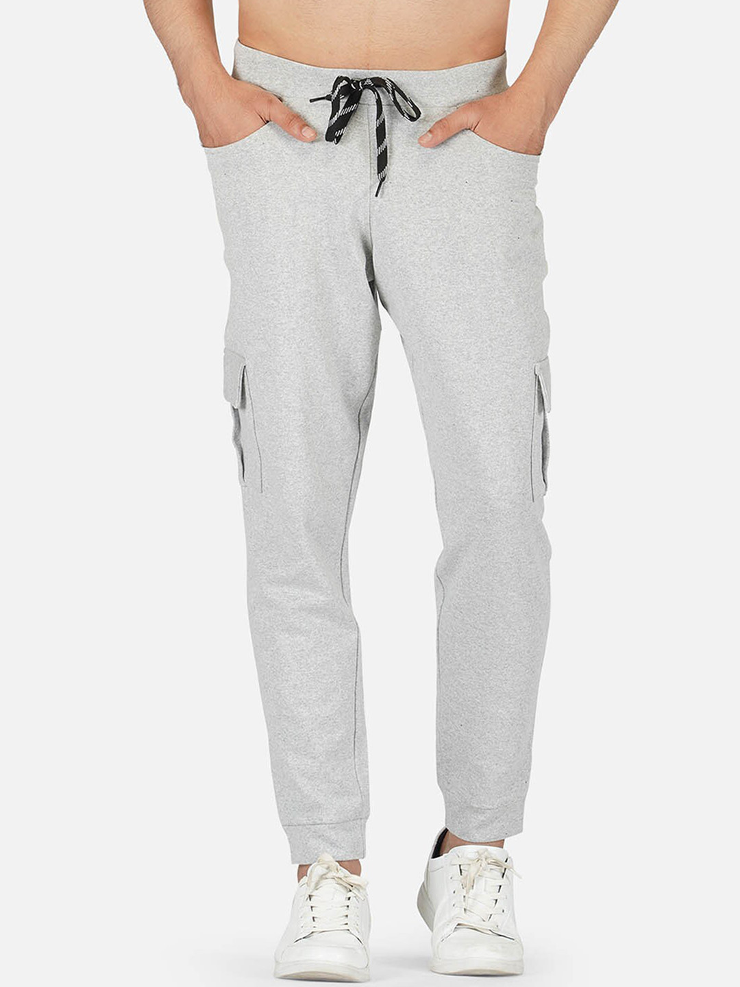 

IMPERATIVE Men Grey Melange Solid Cargo Pockets Pure Cotton Joggers Track Pants
