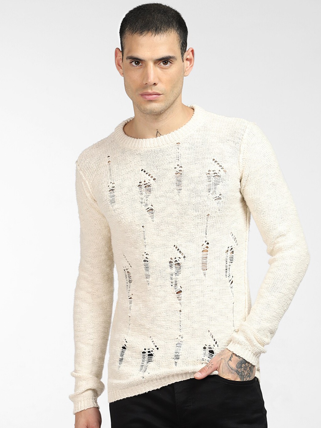 

Jack & Jones Men Beige & white alyssum Printed Pullover