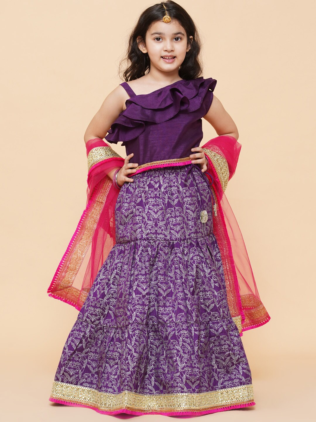 

Bitiya by Bhama Girls Purple & Magenta Ready to Wear Lehenga & Blouse With Dupatta