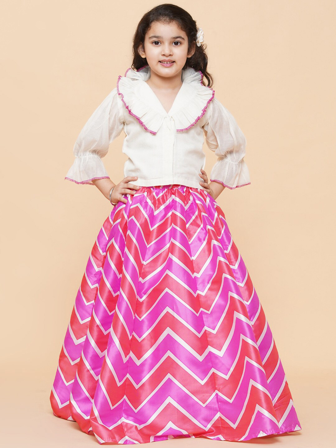 

Bitiya by Bhama Girls Pink & White Ready to Wear Lehenga &