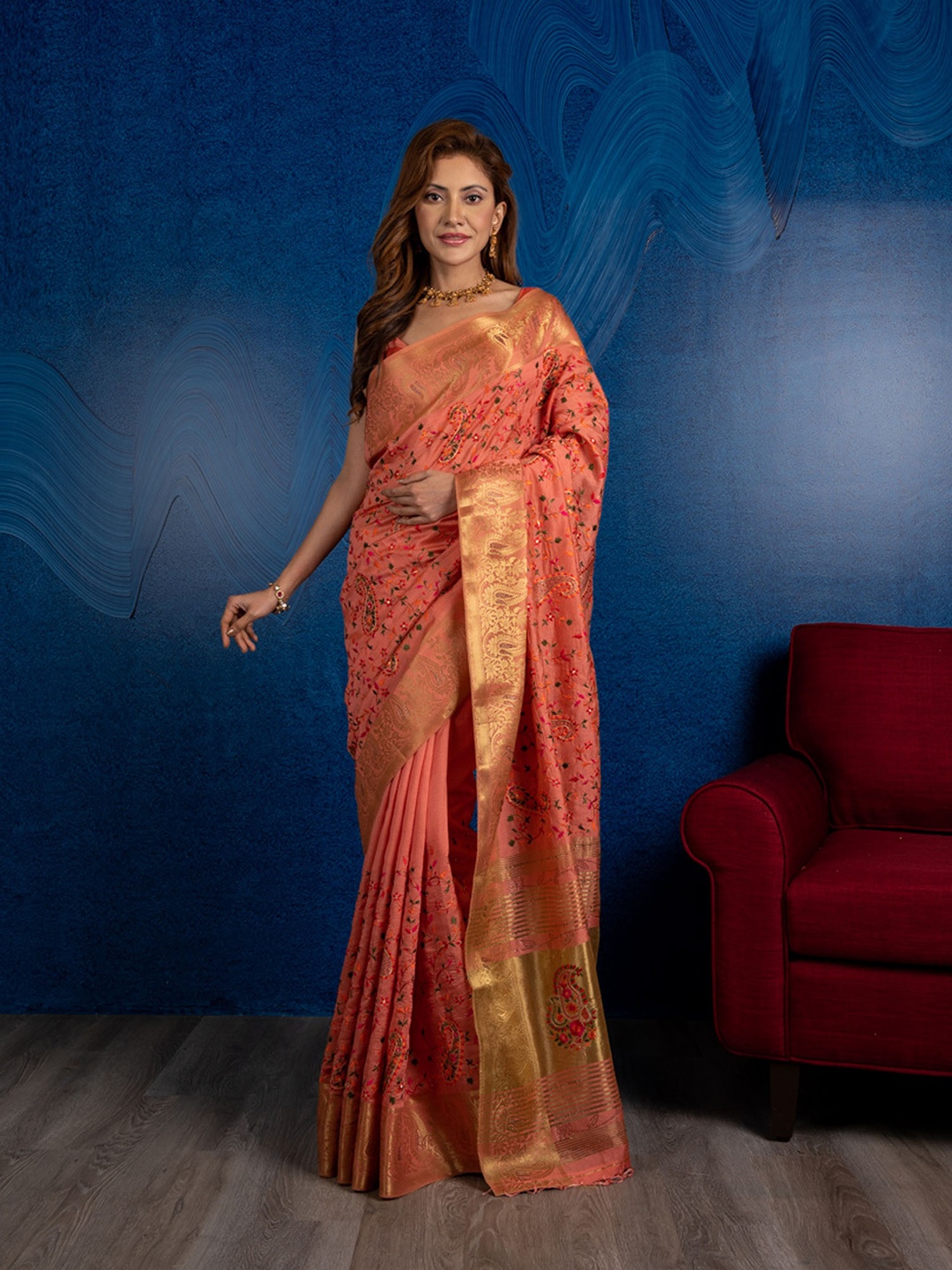 

BEATITUDE Peach-Coloured & Green Floral Silk Blend Saree