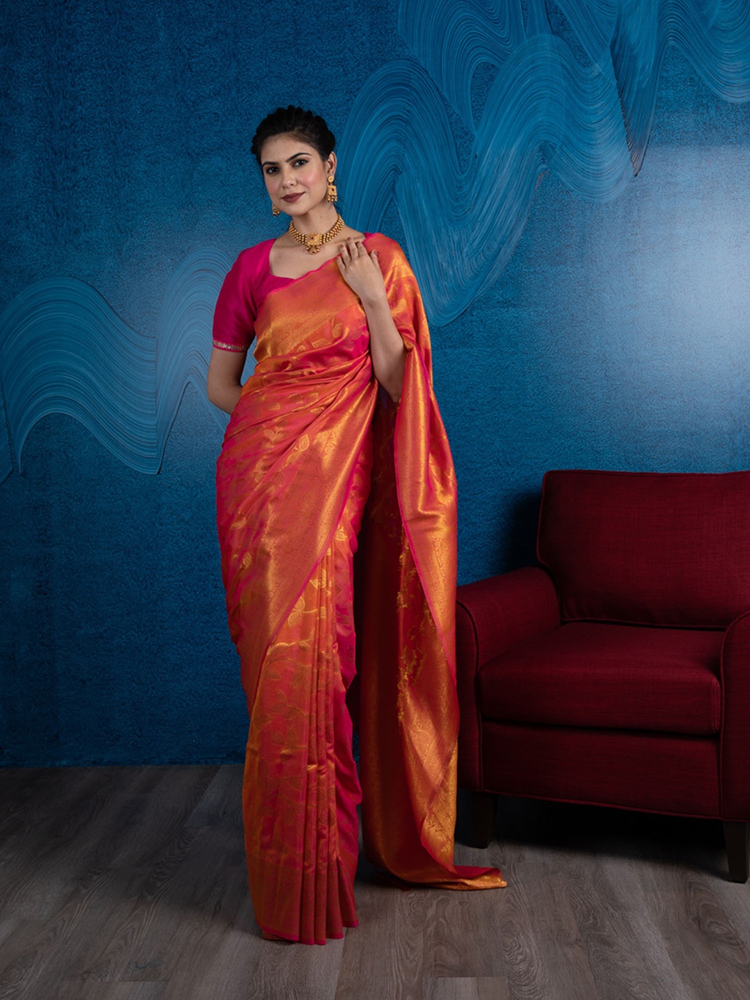 

BEATITUDE Orange & Gold-Toned Floral Silk Blend Banarasi Saree