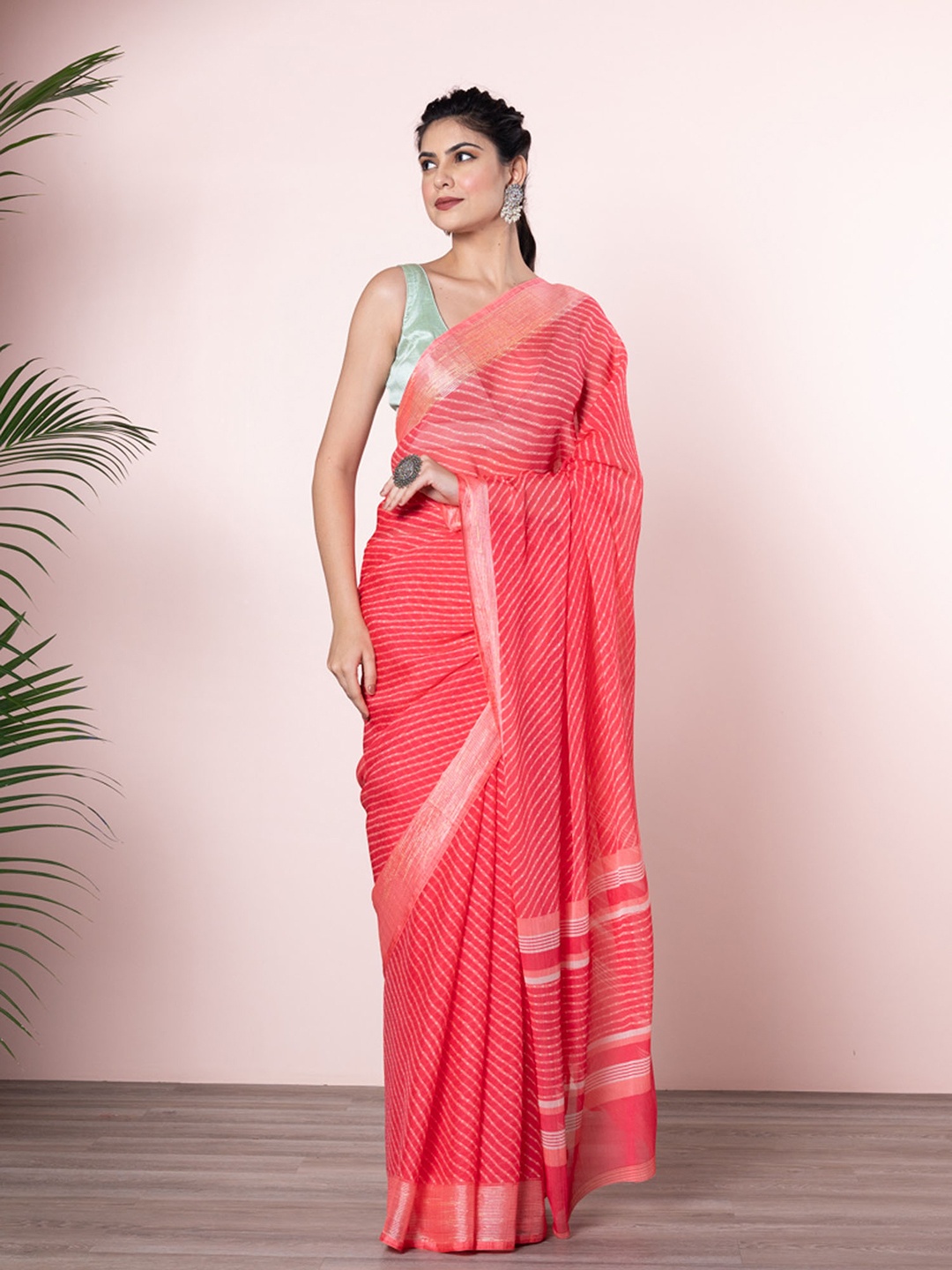 

BEATITUDE Pink & White Leheriya Saree