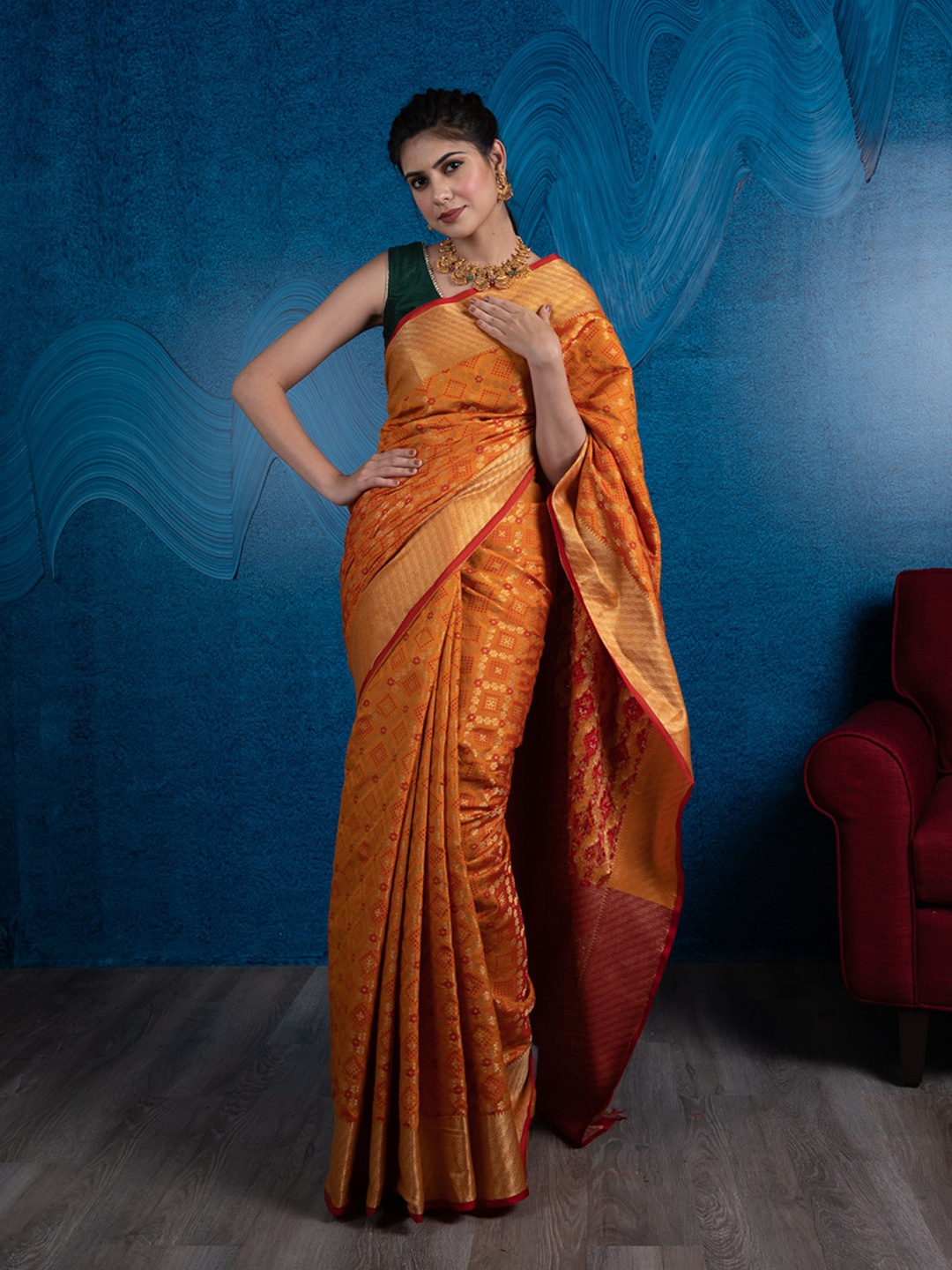 

BEATITUDE Orange & Red Zari Silk Blend Patola Saree