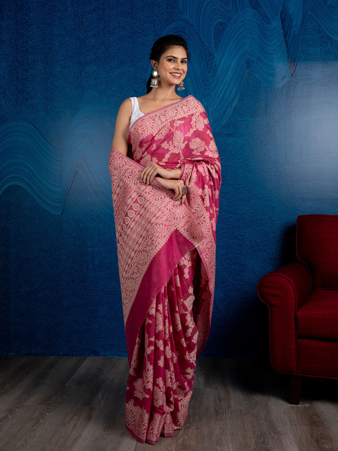 

BEATITUDE Pink Ethnic Motifs Heavy Work Saree