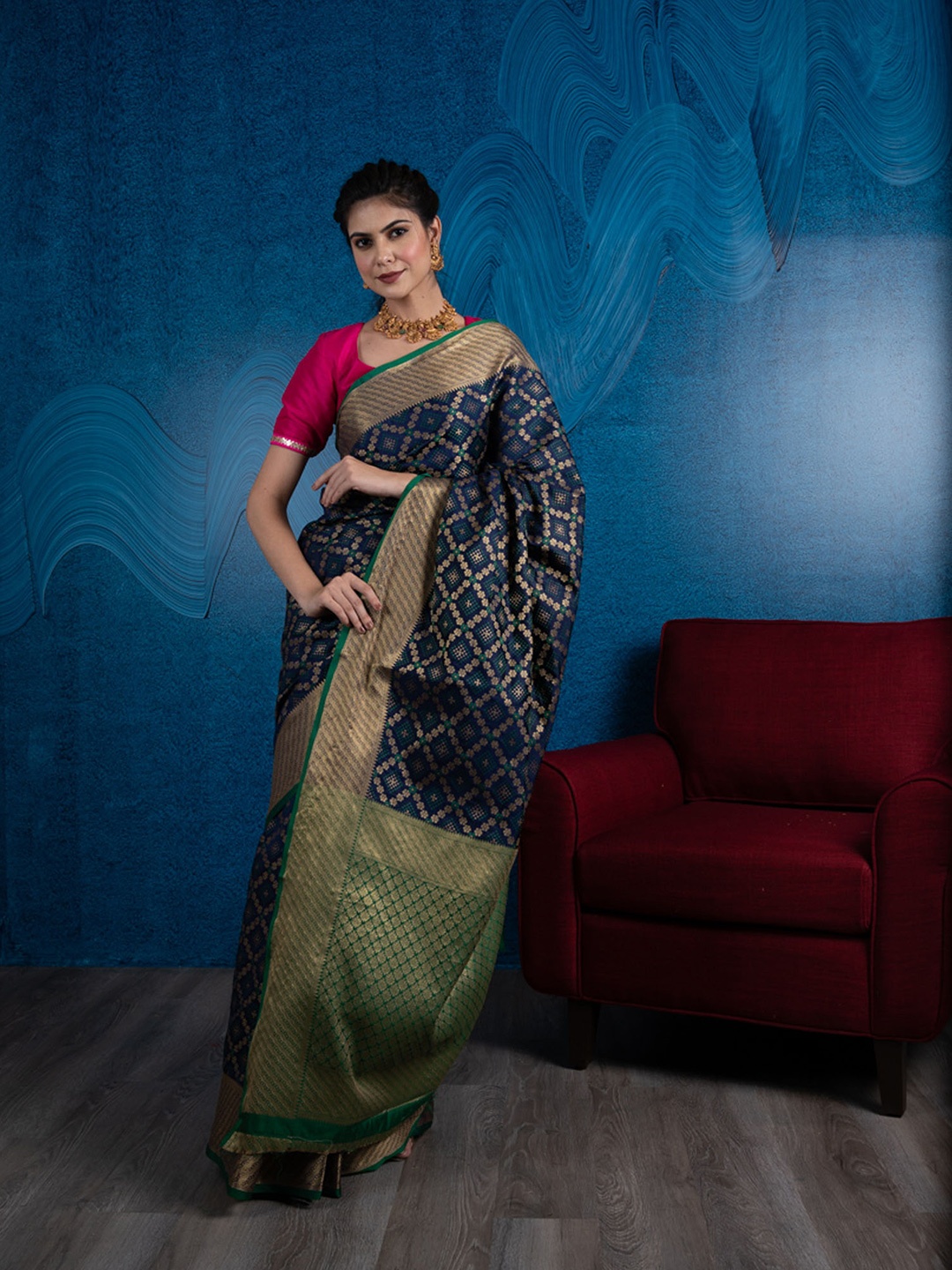 

BEATITUDE Blue & Green Zari Silk Blend Patola Saree