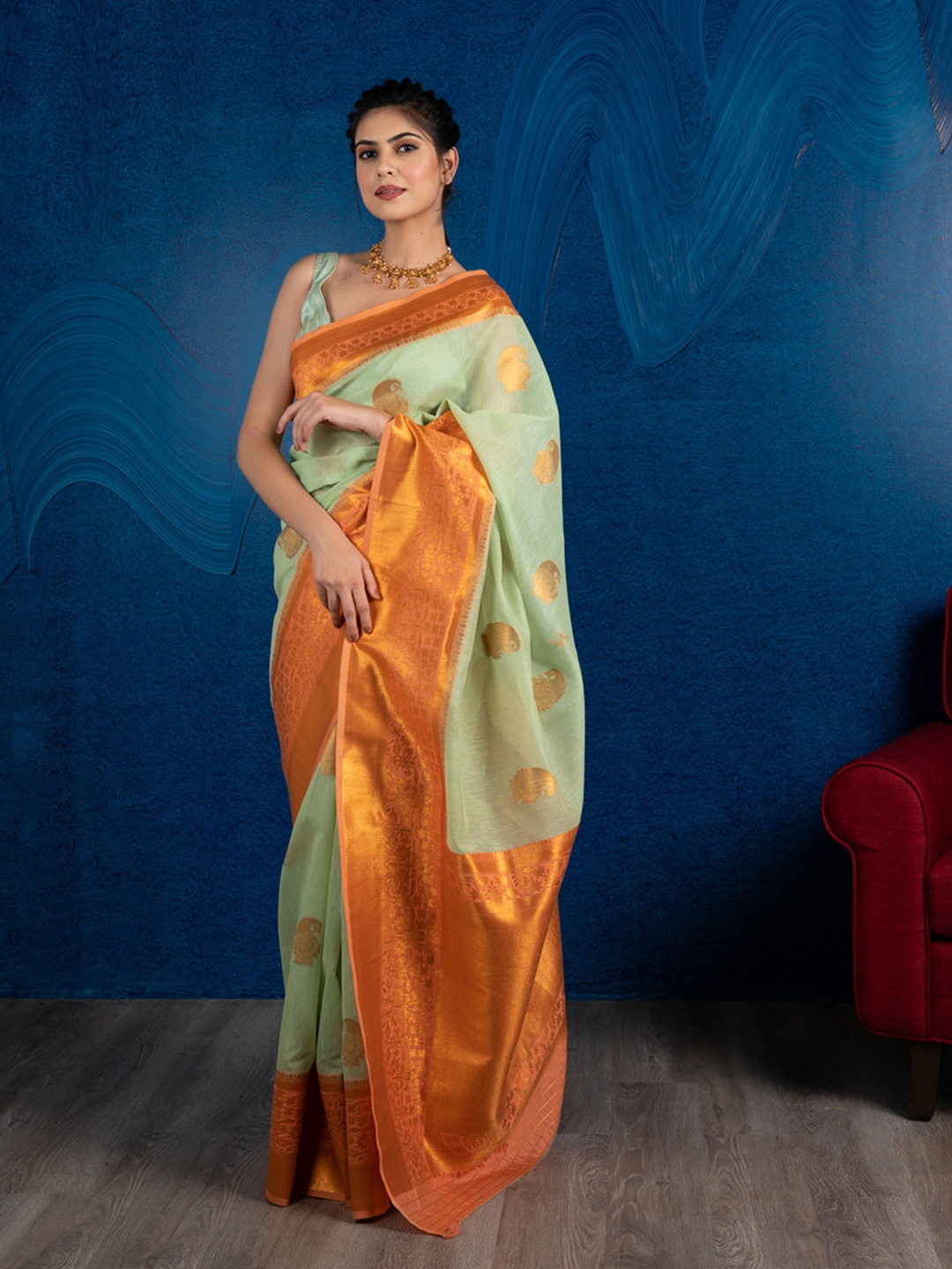 

BEATITUDE Sea Green & Orange Paisley Zari Linen Blend Banarasi Saree