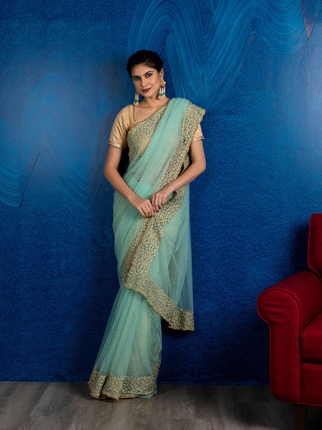 

BEATITUDE Blue Floral Embroidered Net Saree