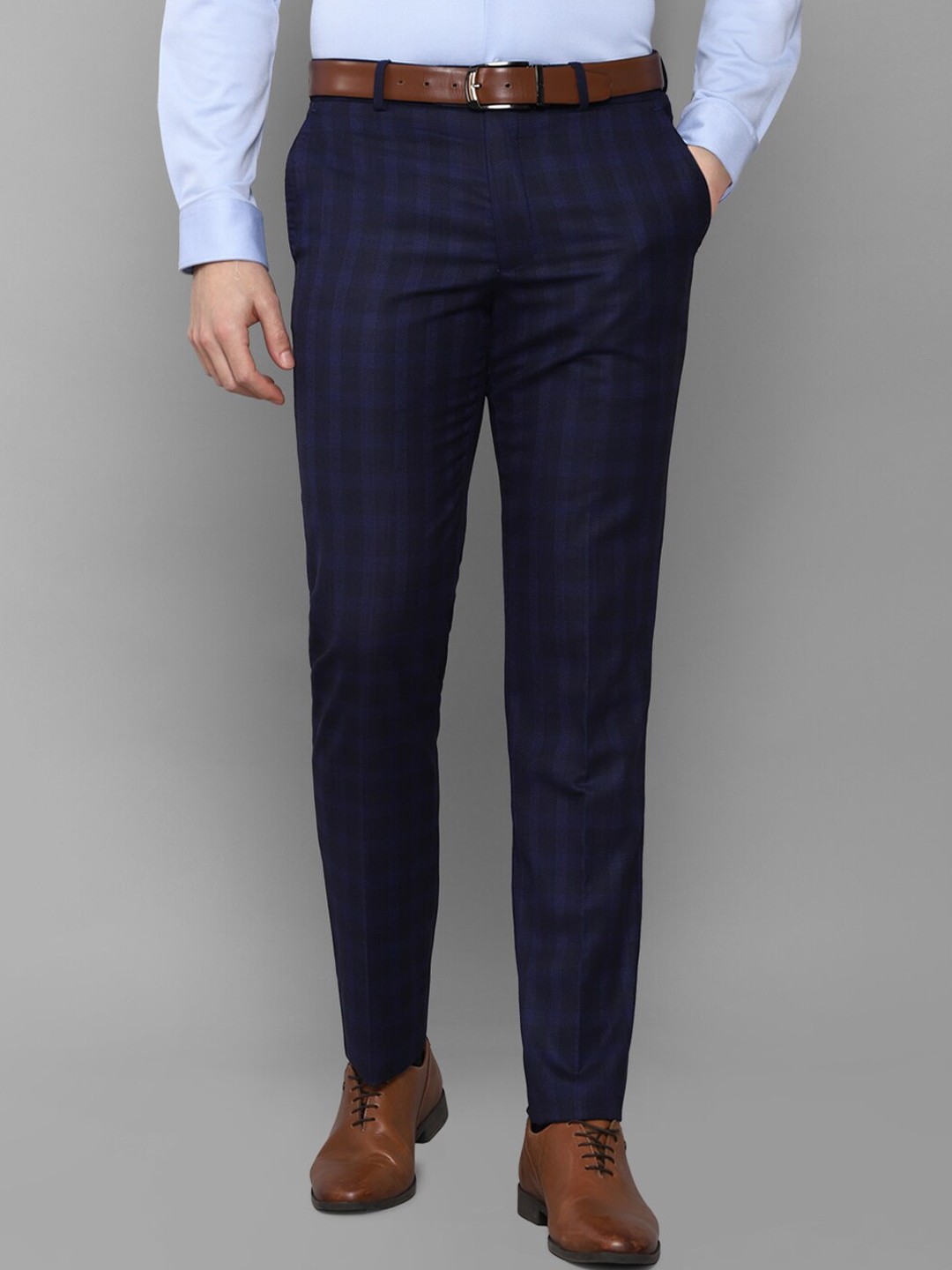 

Louis Philippe Men Navy Blue Checked Slim Fit Trousers