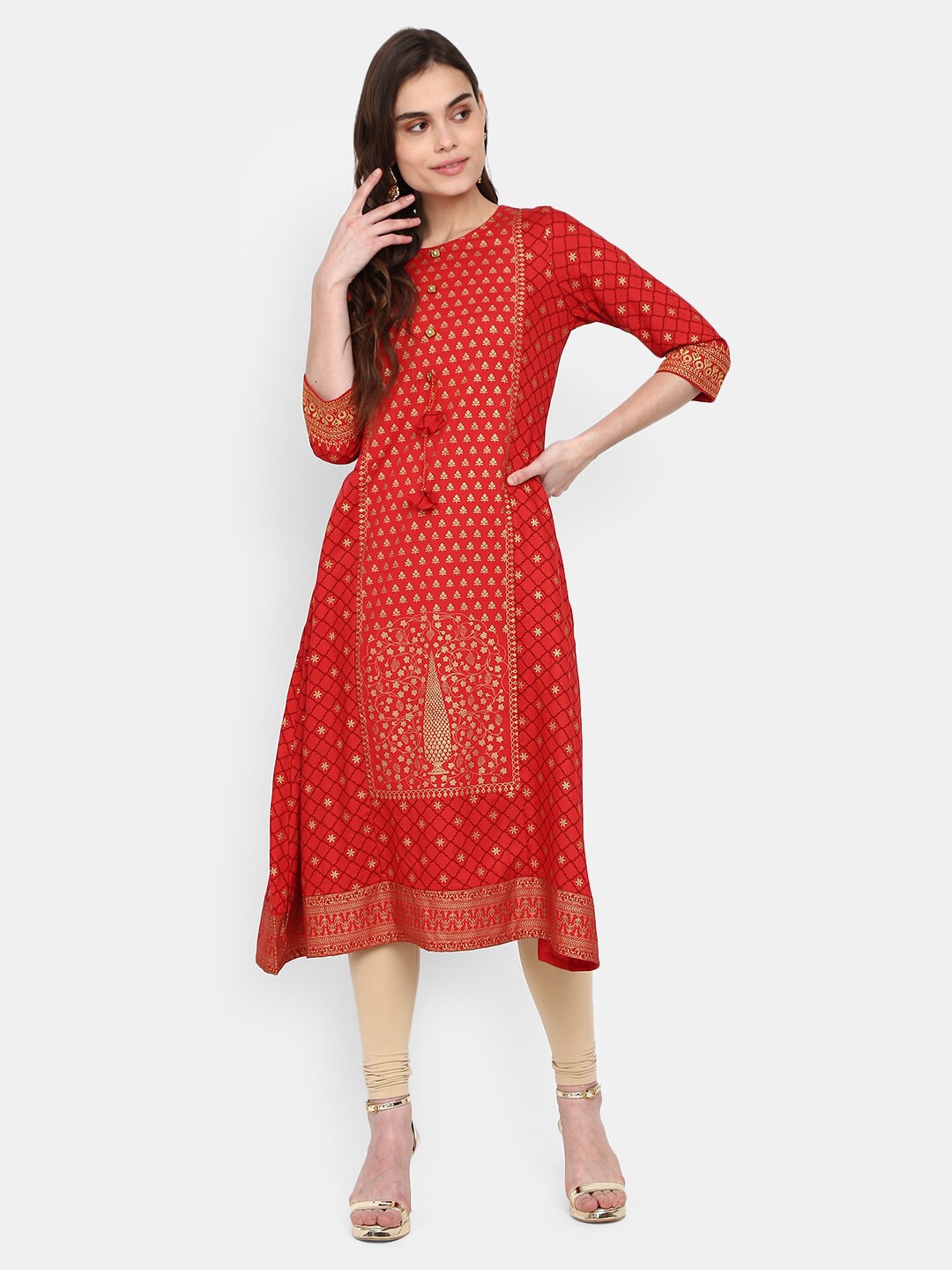 

Desi Mix Women Red & Gold-Toned Ethnic Motifs Printed Kurta