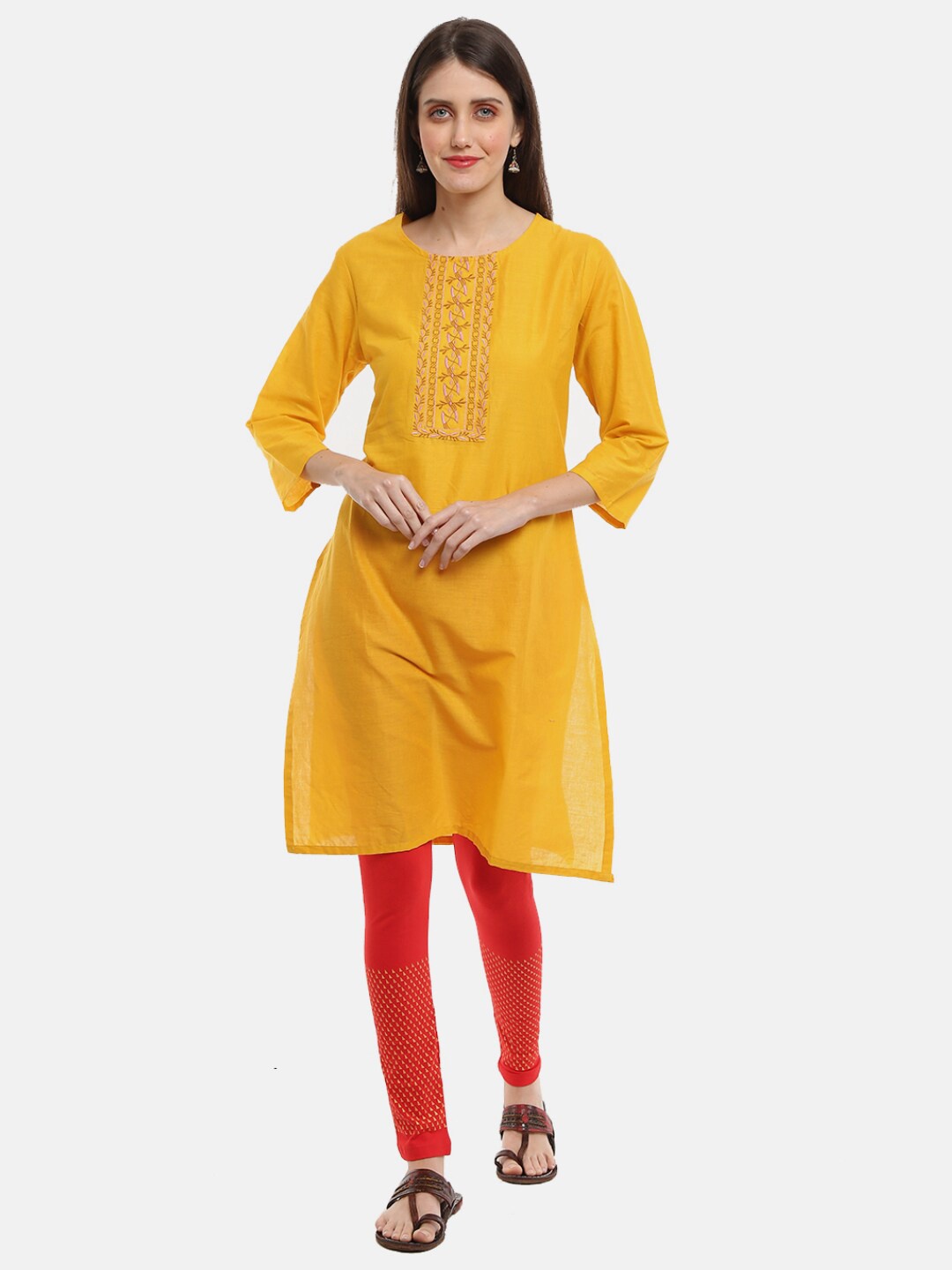 

Desi Mix Women Mustard Yellow Floral Embroidered Pure Cotton Kurta