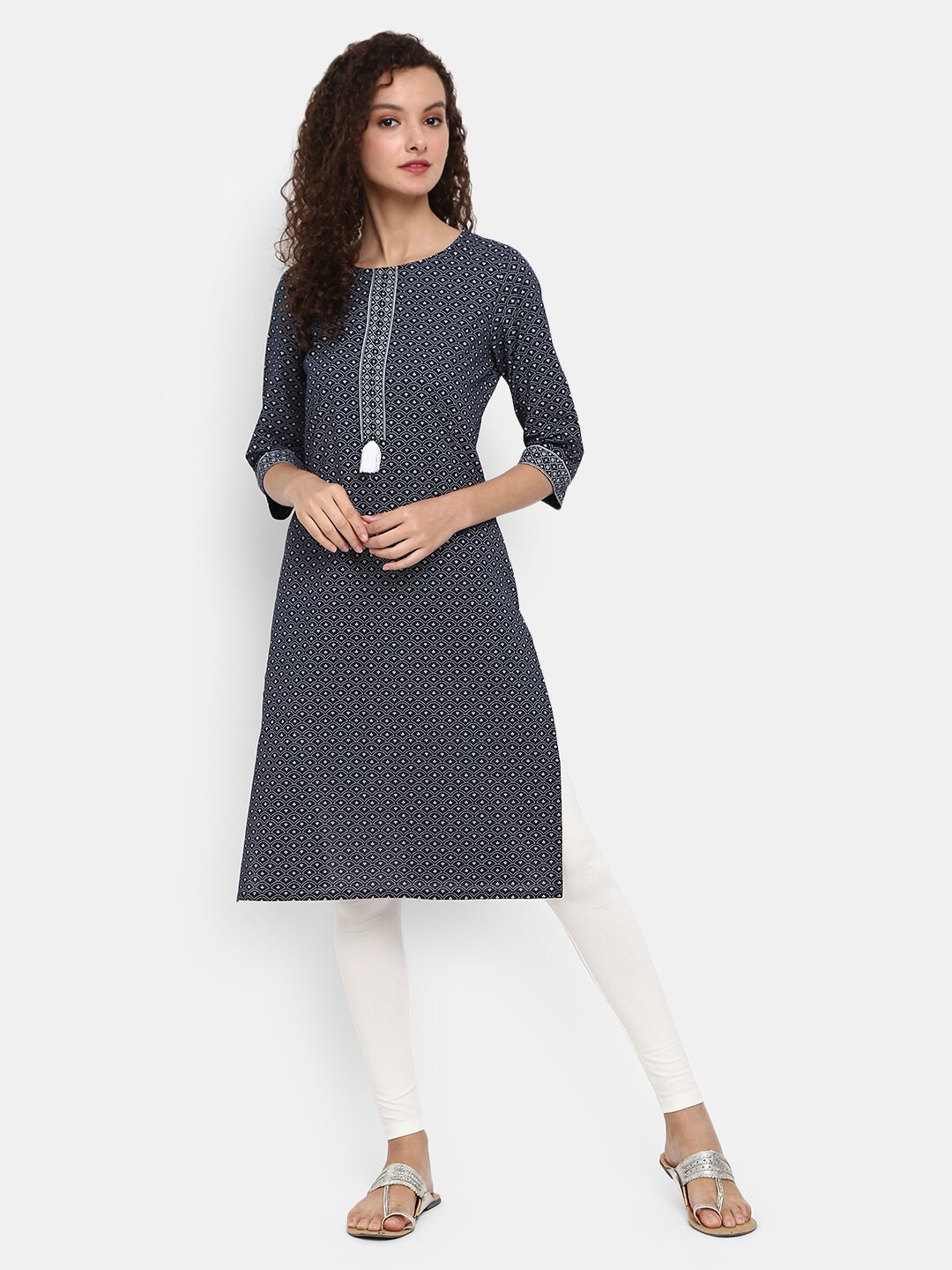 

Desi Mix Women Navy Blue & White Ethnic Motifs Printed Kurta