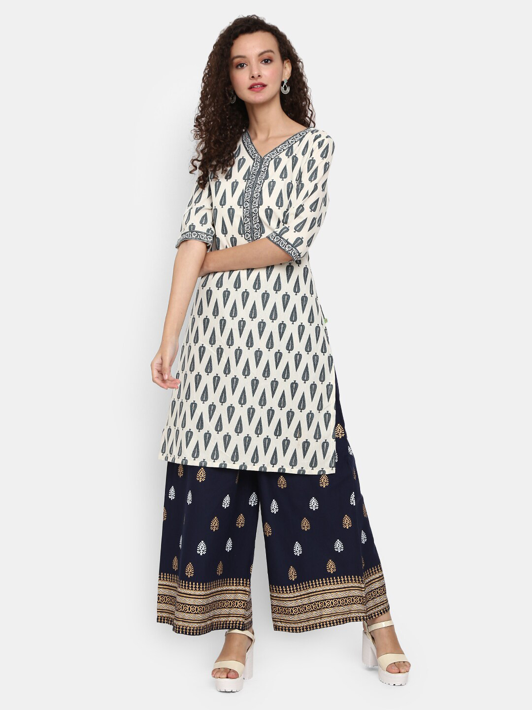 

Desi Mix Women White & Grey Ethnic Motifs Printed Kurta