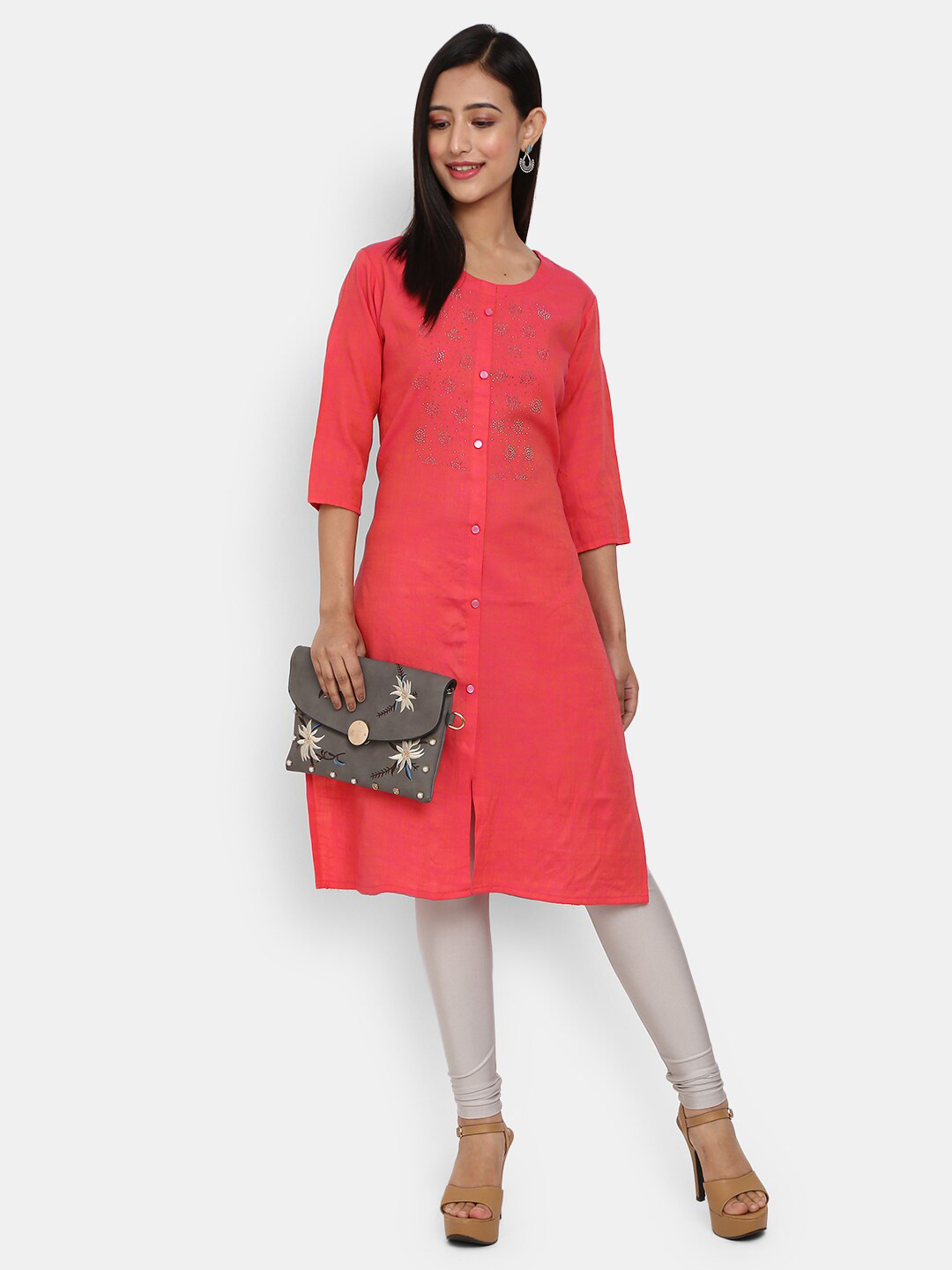

Desi Mix Women Pink Embellished Pure Cotton Straight Kurta