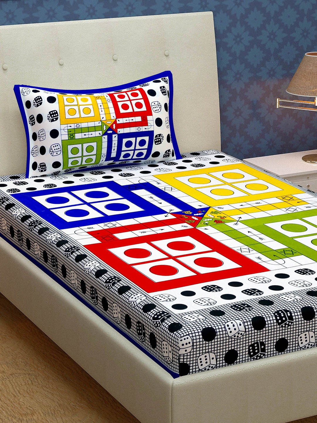 

Urban Magic White & Blue Ludo Printed 104 TC Single Bedsheet with 1 Pillow Covers